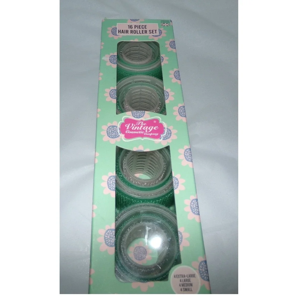The Vintage Cosmetic Company 16 Piece Hair Roller Set Green Floral Box New